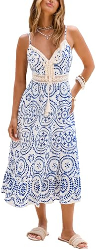 CUPSHE Robe d'été midi pour femme 2026 Boho sans manches | Robe sans manches à bretelles spaghetti, pompons, taille en dentelle au crochet, vacances à la plage, tenue décontractée