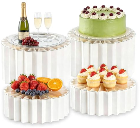 BORDEAG 4 Stück Buffet Ständer, 10cm, 20cm Faltbare Tortenständer Buffet, Faltbare Papp-Kuchenständer, Buffet Riser mit PVC PVC-Platte Robuster Dessertständer für Hochzeit Party Dekoration