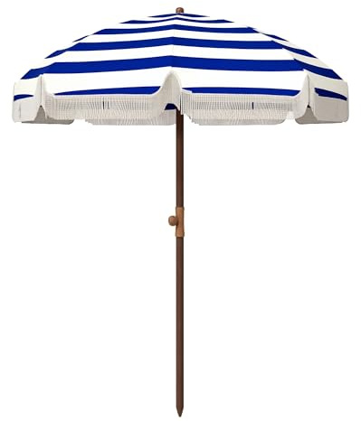 Outsunny Sombrilla de Playa Grande con Flecos Ø190 cm UV40+ Azul y Blanco