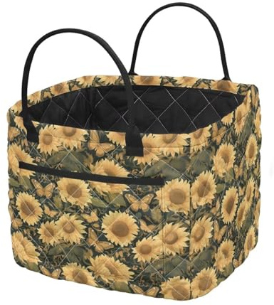 Goftvu Quilted Laundry Hamper, Decorative Laundry Basket with Integrated Carry Handles, Sunflower Print Dirty Clothes Storage Bin for Bedroom, Nursery