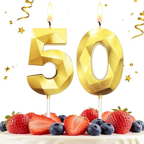 HLWGFJDY 50th Birthday Candles Gold Number 50 Cake Topper Happy Birthday Cake Decorations 3D Designed for 50th Birthday Party, Gold Candles for Birthday Anniversary Celebration Party Supplies
