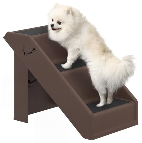 PawHut Escalera para Perros Plegable de 3 Peldaños 53x30,5x36,5 cm Marrón | Portátil, Escalera para Mascotas Mayores, Perros Pequeños, Gatos, para Cama, Sofá