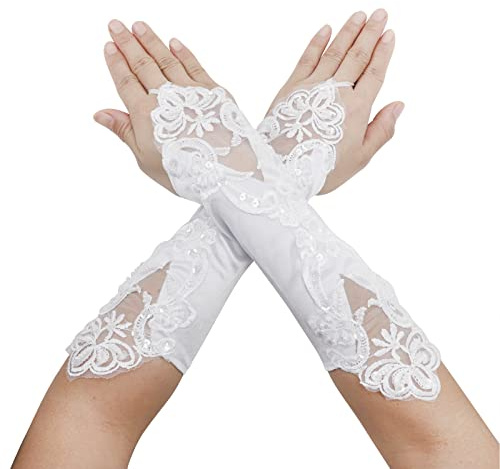 Moonlove Children Girls Special Occasion Satin Lace Gloves First Holy Communion Ball Prom Cosplay Stage Dance Wedding Fingerless Gloves, One Size, White