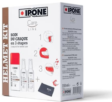 IPONE - Pack Entretien Complet du Casque Moto - Helmet Kit - Nettoyant Extérieur/Intérieur - Anti-Pluie, Déperlant - Lingette Microfibre - Format Pratique Transportable, todo
