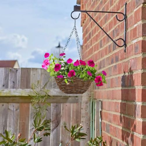 Garden Mile® Garden Hanging Flower Basket 12'' Round Dark Rattan Plant Holder Outdoor Plant Pot Planter with Hanging Chain Wicker Flower Pot Basket Balcony Decoration