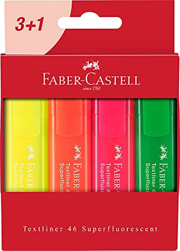 FABER-CASTELL 254604 - Textmarker Set TL 46, 4er Etui, Neon Farben, mit langlebiger Keilspitze, Strichbreite 1-5 mm, nachfüllbar