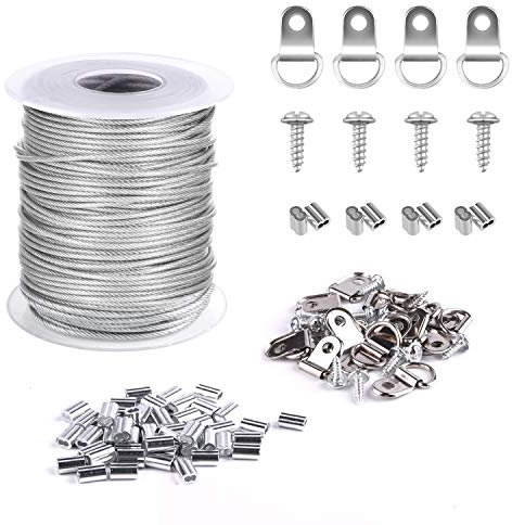 TUPARKA 1,5 mm x 30 m Bilderrahmen-Aufhängedraht 304 Edelstahl-Drahtspule mit 30 Stück Aluminium-Crimpschlaufe und 15 Sätzen D-Ring-Aufhängern (bis zu 25 kg)