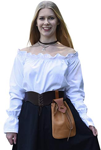 Battle-Merchant Medeltida långärmad carmenblus av bomull för kvinnor | axelfri långärmad bohoblus S-XXL | Halloween karnevalkostym, Vit, M
