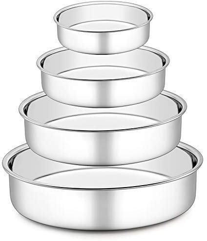 HaWare - Juego de 4 moldes redondos de acero inoxidable para tartas, 10/16/20/24 cm, saludable y no tóxico, pulido brillante, fácil de limpiar y apto para lavavajillas