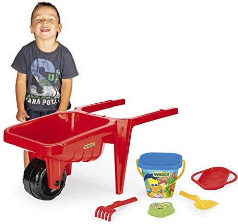 Wader 74812 - Gigant rote Schubkarre mit 5-teiligem Zubehör, bis 100 kg belastbar, ca. 77 x 34 x 32 cm, ab 12 Monaten, ideal für Garten, Sandkasten, Strand oder als Geschenk für kreatives Spielen