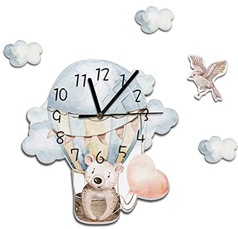 SWECOMZE Cartoon - Orologio da parete per bambini, silenzioso, a forma di mongolfiera, senza ticchettio, per cameretta dei bambini, motivo 3D