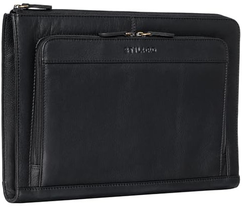 STILORD 'Dillon' Leder Aktenmappe Konferenzmappe 13 Zoll Laptoptasche Vintage Dokumentenmappe Schreibmappe DIN A4 Businessmappe Portfolio Mappe Echtleder, Farbe:schwarz