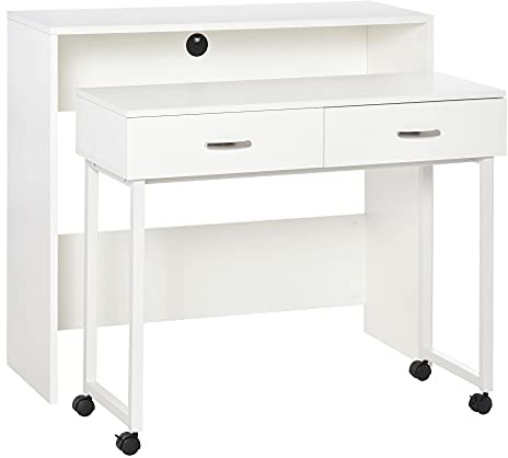 HOMCOM Escritorios Apilables con Ruedas 2 Cajones 100x36x88 cm Blanco | Conjunto de 2 Mesas Escritorio, para Ordenador Portátil, para Oficina