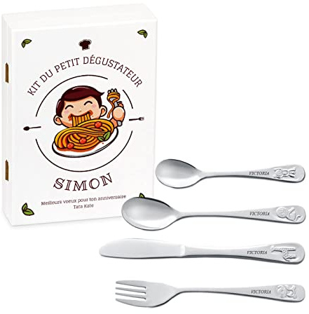 Maverton Set de couverts personnalisé pour garçon - Coutellerie dans coffret imprimé - Couverts Thème Animal - Cadeau d'anniversaire - Cadeaux bébé - Couverts gravés - REPAS