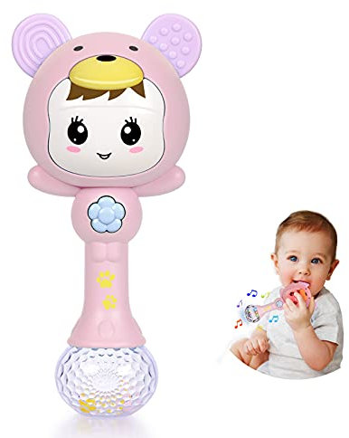 Highttoy Baby Rattle, Light Up Musical Teether - Baby Sensory Sound Toys for Tummy Time, 3-12 Months, Pink