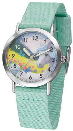 Atrium Kinder Armbanduhr Mädchen Analog Quarz mit Nylonband Textilband Mint und Motivzifferblatt Pferd Siabelle Pastellfarben A44-13