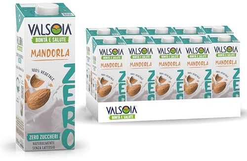 Valsoia - Bevanda Mandorla Zero Zuccheri, Box da 10 Tetra Brik da 1000 ml, 100% Vegetale, Senza Lattosio e Glutine, con Calcio e Vitamine, Ideale anche per Vegani, Vegetariani e Celiaci