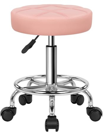 KKTONER Round Rolling Stool Chair PU Leather Height Adjustable Swivel Drafting Work SPA Shop Salon Stools with Wheels Office Chair Small (Pink)