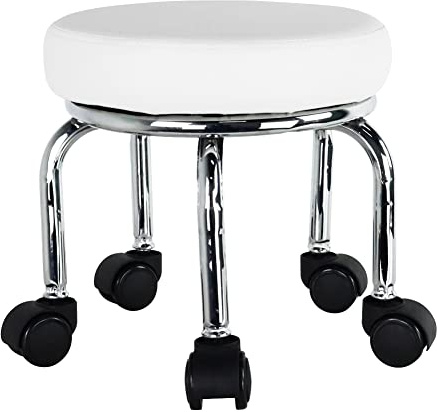 WKWKER Small Rolling Stool PU Leather Rotating Seat 360° Swivel Low Round Stool with Universal Wheels for Home Massage Garden Office Garage Shop Fitness Sports, H: 31.5cm (White)