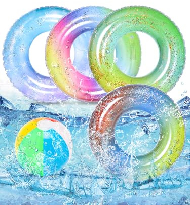 Bennol 4PCS Swimming Rings with 1 Beach Ball Inflatable Pool Floats for Kids Adults 32.5'' Fruits Pool Floaties Rings Toys for Beach Water Float Party, Swimming Pool, Ocean, Beach Time