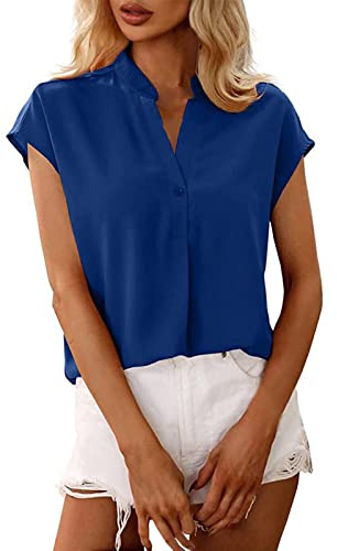 L9WEI Blusa suelta de gasa para mujer, manga corta, elegante, cuello alto, cómodo, informal, cuello en V, camisetas de verano, azul, XL