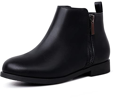 Harvest Land Girls Boots Kids Ankle Boots Zipper School Shoes Elegant Big Kid Fashion Winter Boots Zip-up Short Flat Bootie for Junior/Yourth Black/PU UK1