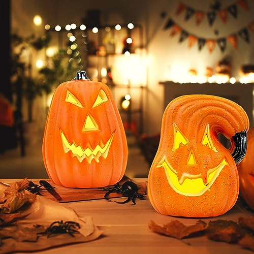 Lergas Halloween Deko LED Kürbis Lampe, Licht, Kerzen, Ausgehöhlte Kerze Batteriebetrieben für Dekoration, Party Tischdeko (A+B)