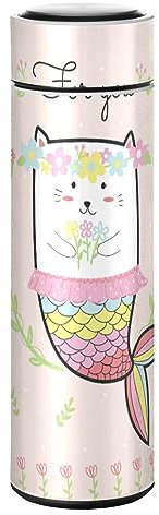 KAAVIYO Lustige Katze Meerjungfrau Blume Pink Wasserflasche Wasserkanne Edelstahl Isolierte Isolierflasche Auslaufsicher