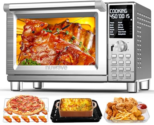 Nuwave Bravo Pro Smart Toaster Oven Countertop, True Air Fryer Combo w/Improved 100% Convection, 35% Crispier, 112 Presets, Customizable Pizza Zones, Integrated Probe, PFAS Free, 30QT, Stainless Steel
