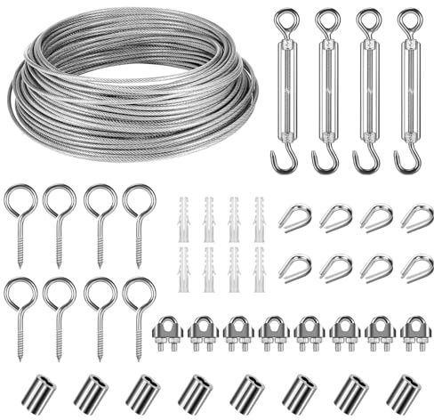 30m Corde en Acier Inoxydable à Suspendre Kit, 3mm Câble en acier inoxydable enduit de PVC avec Tendeur de corde M5 et Crochets, pour Corde à Linge, Suspension Lumineuse, Plante Grimpante, Rambarde