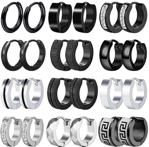 12 Paare Herren Ohrringe Edelstahl Creolen Hoops Earrings Set Ohrringe Männer Frauen Schwarz Ohrringe Mode Punk Schwarze Creolen Ohrringe für Herren Damen
