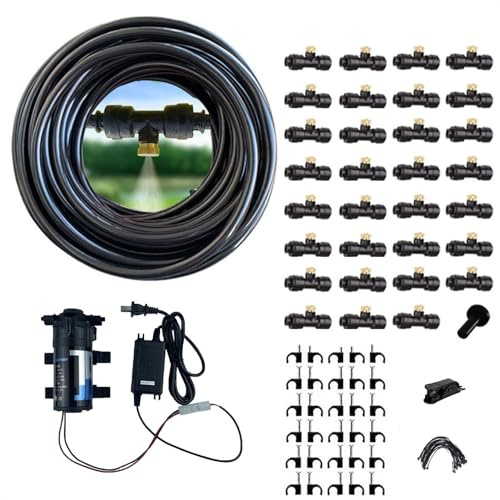 Brumisateur terrasse exterieur Kit avec pompe, Tuyau d'arrosage pour serre de jardin, Système de brumisation d'extérieur automatique ligne de brumisation + buses de brume + adaptateur en laiton ( Size