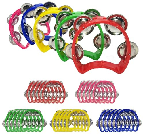 Hyuetrsa 30 Pack Tambourine with 4 Bells Handheld Tambourines, Plastic Tamborines Musical Instrumen, Mini Percussion Tambourines for Noise Makers and All Groups for Holiday Party Education （5Colors）