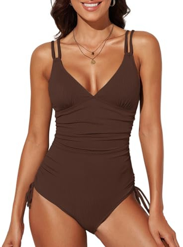meioro Women's Ribbed Ruched Swimsuit V Neck One Piece Swimming Costume, Tummy Control Drawstring High Cut Swimwear, Vintage Slimming High Waisted Women Bathing Suits Beach Tankini (Brown,XL)