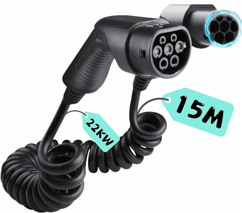 LDY Typ 2 Spiralladekabel 22 kW, Extra langes 15 Meter Kabel für Auto EV/PHEV, Ladekabel für E-Auto und Plug-in-Hybrid (PHEV) 5m /32a / Spiralkabel 3 phasig, Typ 2 Ladekabel Spiral