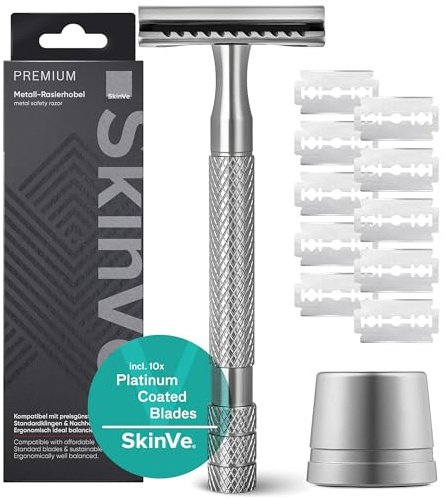Maquinilla de afeitar SkinVe® Premium con soporte en plata, incluye 10 cuchillas de afeitar I Zero Waste Mojado Maquinilla de afeitar para hombre y mujer I Afeitadora de seguridad con cabezal de hoja