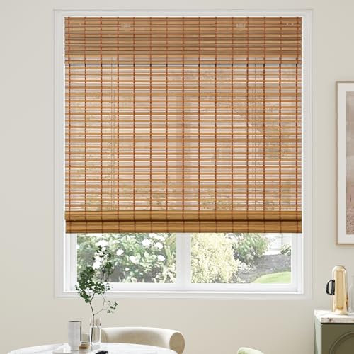 AGESISI Bamboo Roman Shades with Valance Cover, Cordless Blinds for Indoor Windows, Light Filtering Woven Wood Shades for Home & Patio, Privacy Protection, 22 W x 64 H, Carbonized