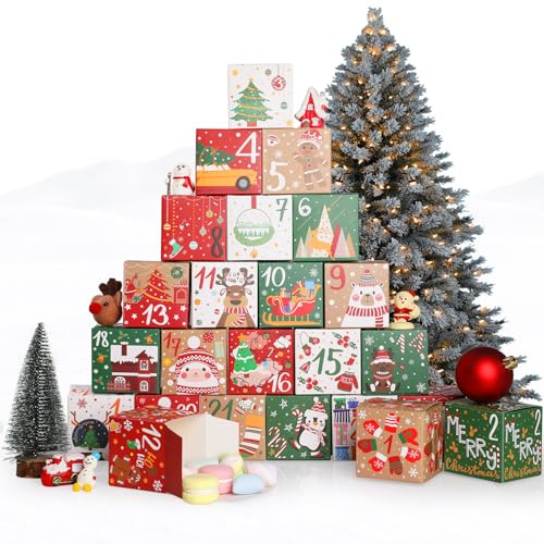 KIKISML 24 Pièces Calendrier de l'Avent Boites, Papier Kraft Set de Boîtes Calendrier DIY Coffret Cadeau de Noël pour Emballer les Cadeaux de Noël, 7x7x7cm