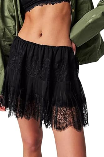 Fiacafyo Women Y2k Lace Mini Skirts Low Rise Pleated Ruffle Half Slip Skirt Fairy Mesh Floral Layered Short Mini Skirts Underskirt (A-Black, M)