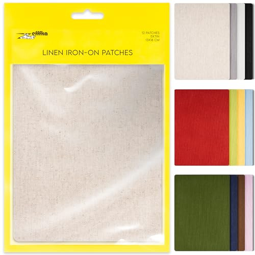 ZEFFFKA 12-Pack Linen Iron-on Patches Fabric Repair Kit for Clothing Shirts Pants Dresses Natural Look Strong Adhesive 12 Colors 30% Linen 70% Cotton 5” x 7” (13 x 18 cm)