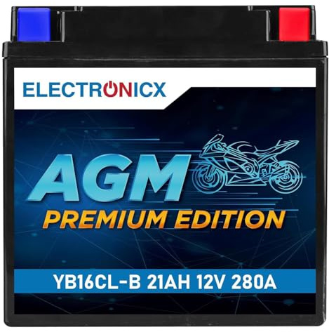 Electronicx AGM motorcykelbatteri YB16CL-B 12V 21Ah 280A – förseglat, läckagesäkert & vibrationssäkert. Idealisk för MC, skoter, ATV, fyrhjuling, vattenskoter & snöskoter. Kompakt & kraftfullt.
