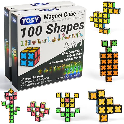TOSY Magnet Cube 2x2 – 8 Bausteine, 2-in-1: 2x2x2 Puzzlewürfel & anpassbarer Infinity-Würfel, Leuchtend mit UV-Taschenlampe, Kinder/Enkel, STEM-Spielzeug, 2er-Pack