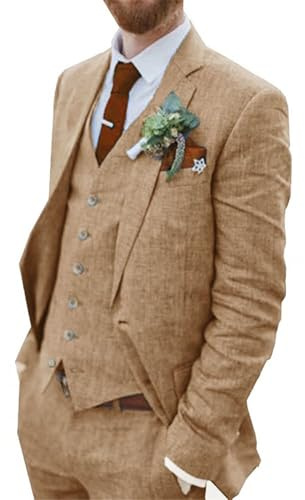Wehilion Abito da uomo in lino retrò da spiaggia, abito da sposa estivo slim fit 3 pezzi leggero lino giacca gilet pantaloni smoking, Cachi, XL