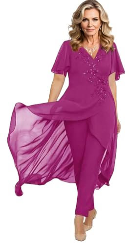 Set de traje de pantalón para madre de la novia con cuentas Botong de 2 piezas de gasa, conjunto para invitada de boda, vestido de noche para fiesta, fucsia, 30