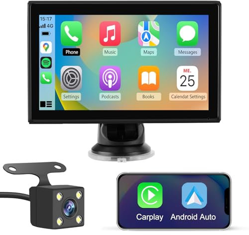 Hexinex 7”Pantalla de Coche CarPlay/Android Auto Inalámbrico/MirrorLink, Reproductor de Pantalla Tactíl Admite Bluetooth/Asistencia de Voz/Google/USB/SD/FM/Sin Instalación/Cámara 6M