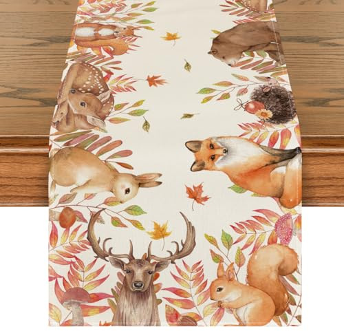 Artoid Mode Sikahirsch Eichhörnchen Vögel Tiere Blätter Herbst Tischläufer, Saisonnal Küche Tisch Dekoration Drinnen Urlaub Party Dekor 40x240 cm