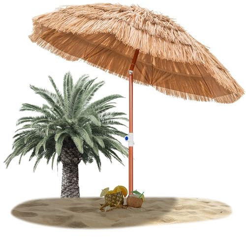 RELAX4LIFE Ombrellone da Spiaggia 175cm, Parasole Hawaiano in Paglia Simulata, Palo Reclinabile, Ombrellone da Esterno per Spiaggio, Giardino, Cortile e Balcone (Naturale)