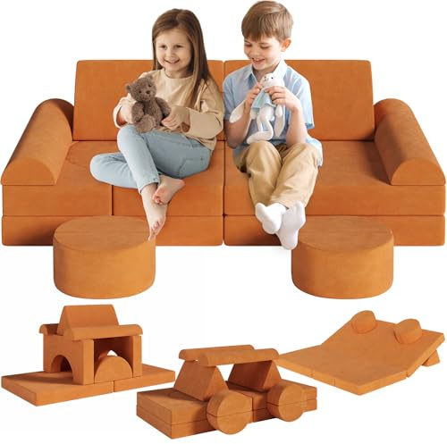 MAMIZO, Barnsoffa av skumbyggstenar, 15 st moduler, barnsoffa, leksoffa för barn, barnfåtölj, gosig hörna i barnrummet, för att leka med, kreativ, sova, orange, 140*70*44cm