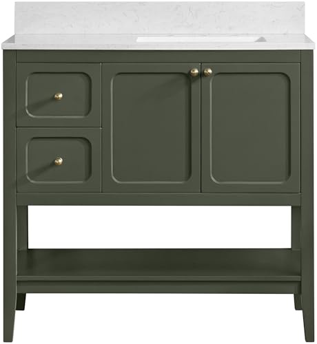 Miseno MV-N242-V36 Ravello 36 Single Basin Vanity Set with 3/4 Marble Stone Composite Top, Rectangular Sink, USB Port, and Electrical Outlet - Deep Olive Green