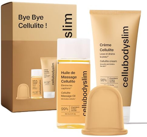 Kit Anti-Cellulite Professionnel | Crème, Huile Naturelle & Ventouse | Massage Palper-Rouler | Élimine Cellulite, Raffermit & Tonifie la Peau | Ingrédients Naturels